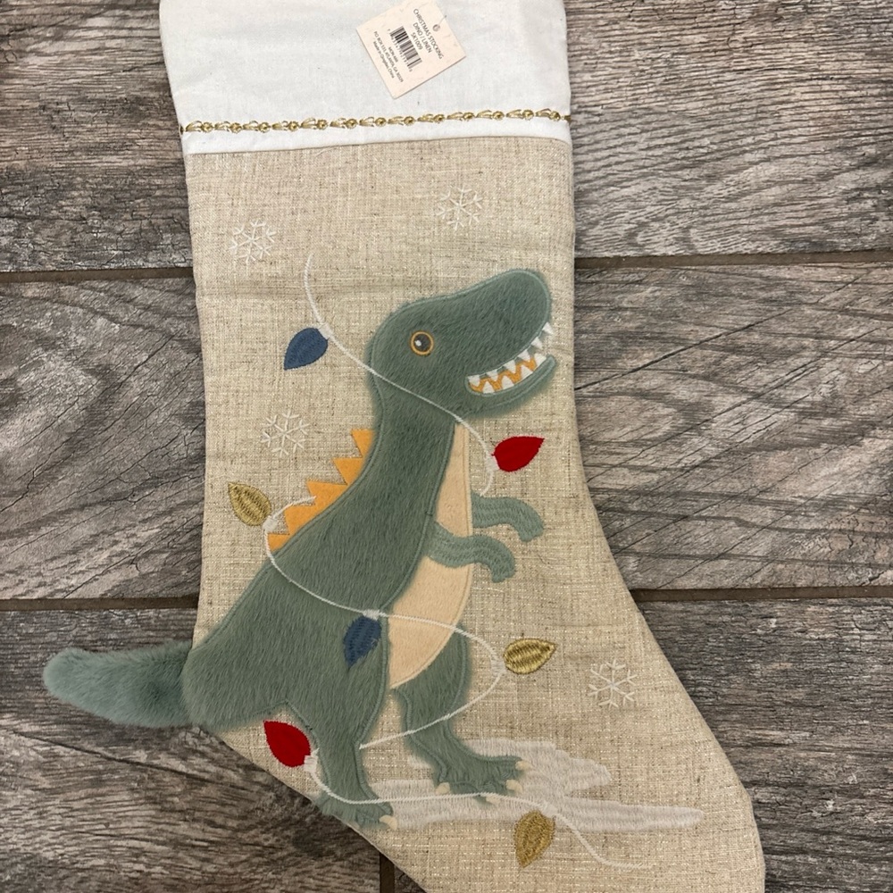 Mon Ami FESTIVE DINO LINEN Christmas Stocking Memories generous NWT green gold